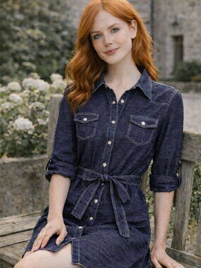 Classic Navy Long-Sleeve Shirt Dress with Waist Tie